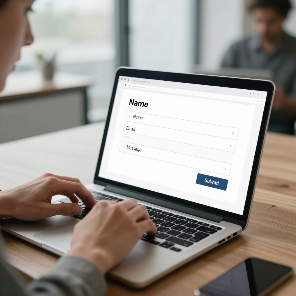 Een persoon typt op een laptopscherm waarop een webformulier met invoervelden voor naam, e-mailadres en bericht wordt weergegeven.