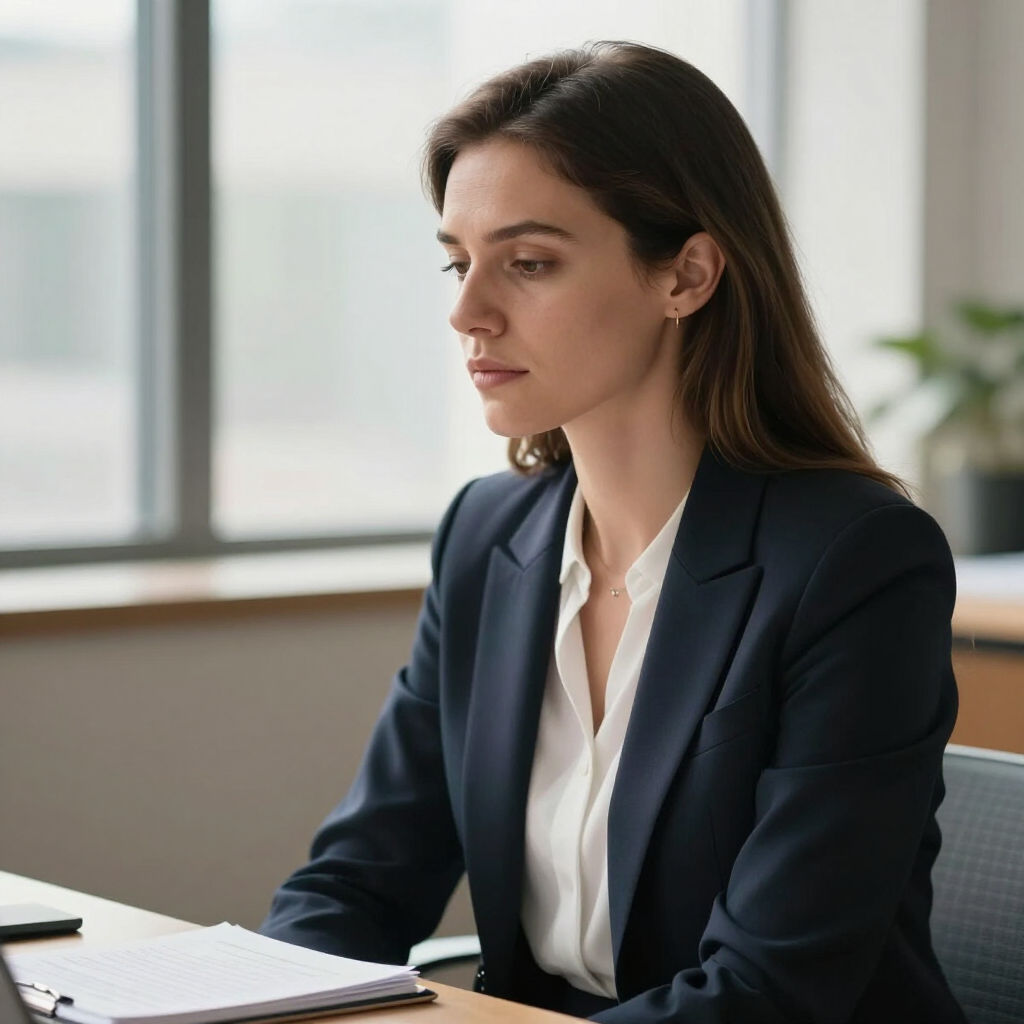 Een persoon in een donkere blazer en een wit overhemd zit aan een bureau met een notitieboekje en kijkt naar beneden met een neutrale uitdrukking.