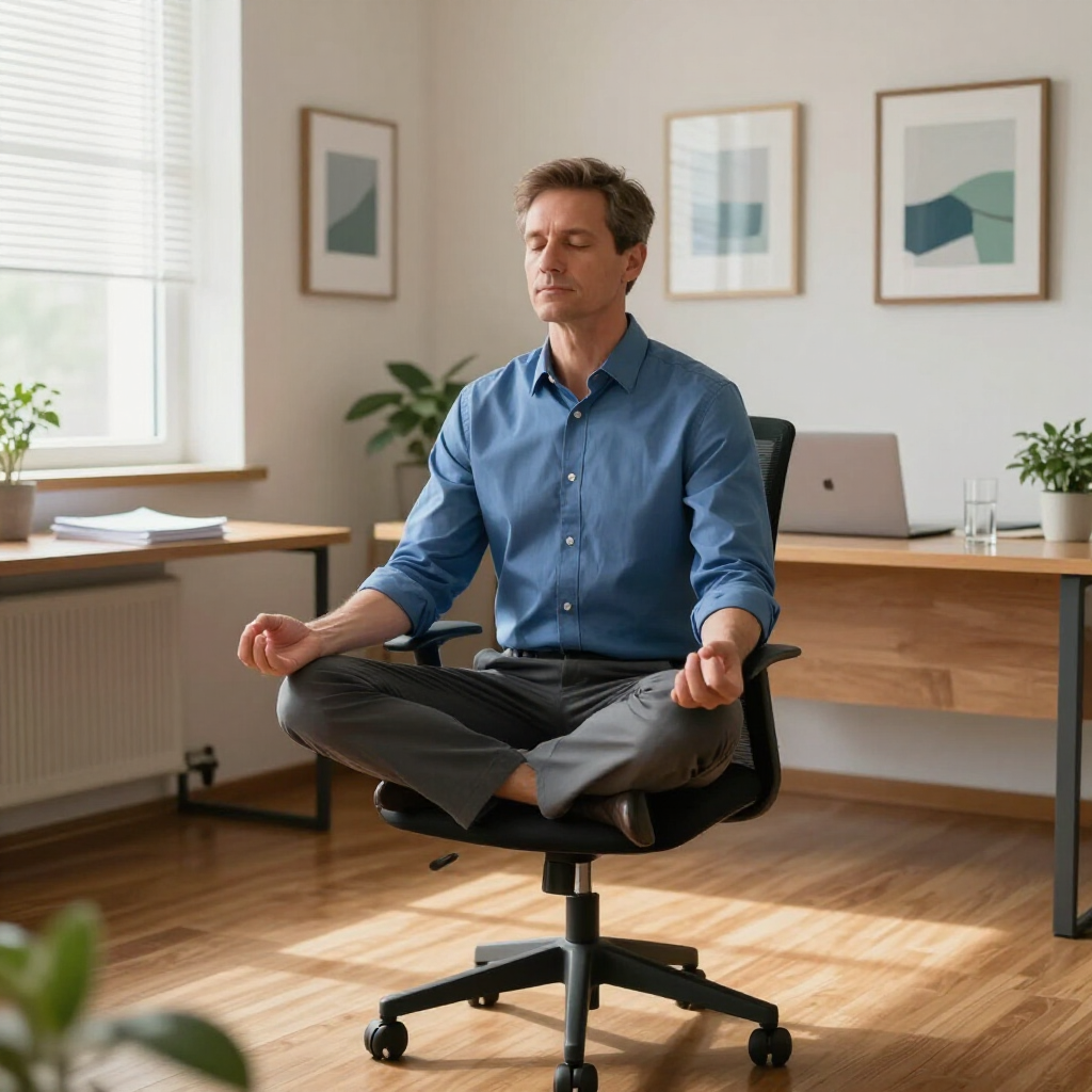 Een persoon in een blauw overhemd en een grijze broek zit met gekruiste benen in een meditatieve houding op een bureaustoel.