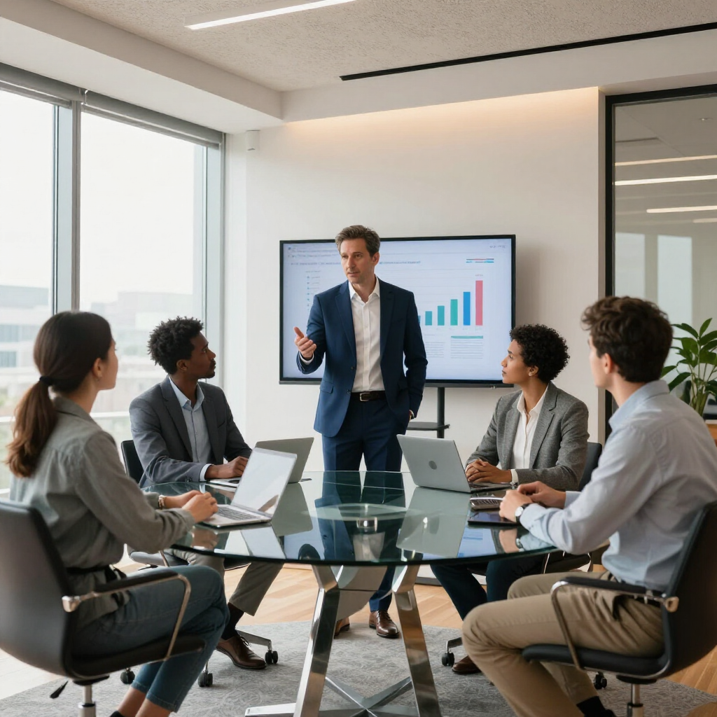 Een persoon in pak presenteert een staafdiagram op een monitor aan vier collega's die rond een glazen vergadertafel zitten.