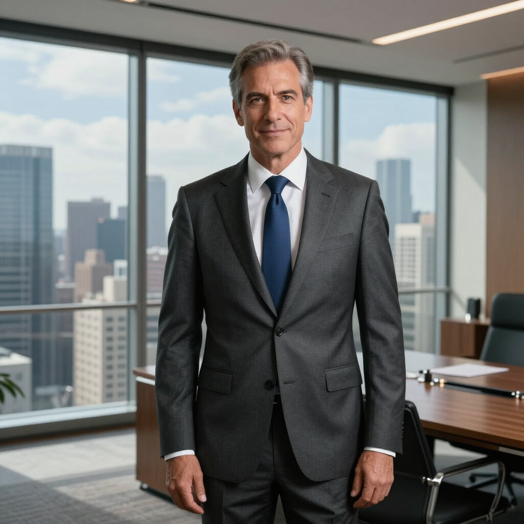 Een persoon in pak en stropdas staat in een professioneel kantoor met ramen van vloer tot plafond die uitzicht bieden op de skyline van de stad.