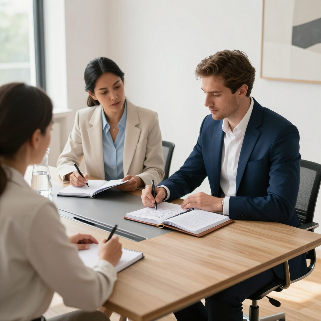 Drie professionals zitten aan een tafel en schrijven in notitieboekjes tijdens een zakelijke bijeenkomst in een helder verlicht kantoor.