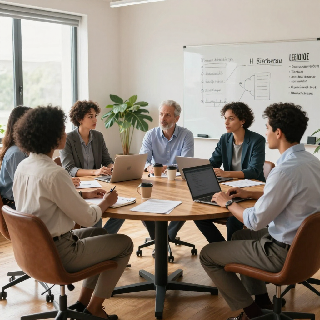 Een groep uiteenlopende professionals zit rond een ronde tafel in een kantoor en werkt samen met behulp van laptops en een whiteboard.
