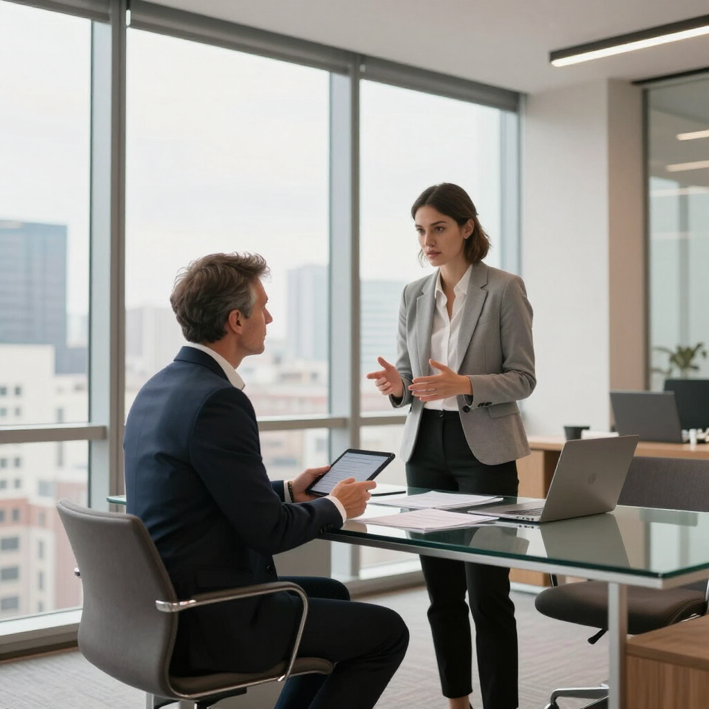 Professionele collega's in zakelijke kleding bespreken hun werk in een modern kantoor met grote ramen die uitzicht bieden op de stad.