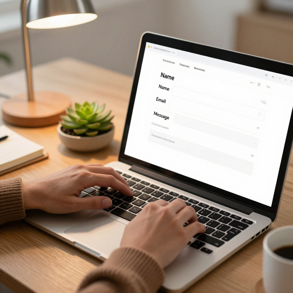 Een persoon typt op een laptopscherm waarop een webformulier te zien is, aan een bureau met een lamp, een vetplant en een koffiekopje.