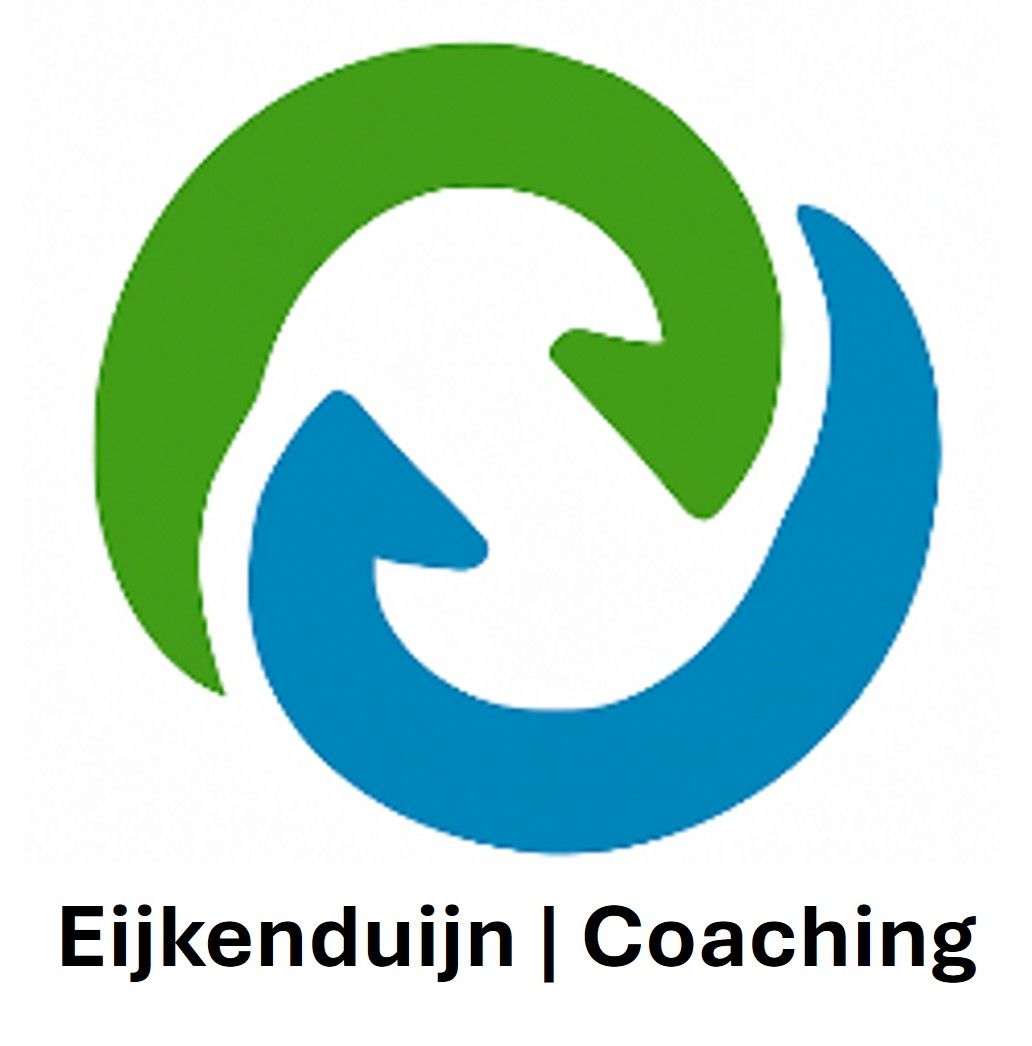 Een groen en blauw rond logo met twee in elkaar grijpende pijlen boven de tekst 