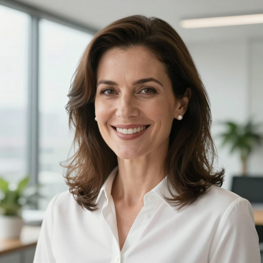 Een professional met bruin haar en een glimlach, gekleed in een wit overhemd met kraag, in een lichte, moderne kantooromgeving.