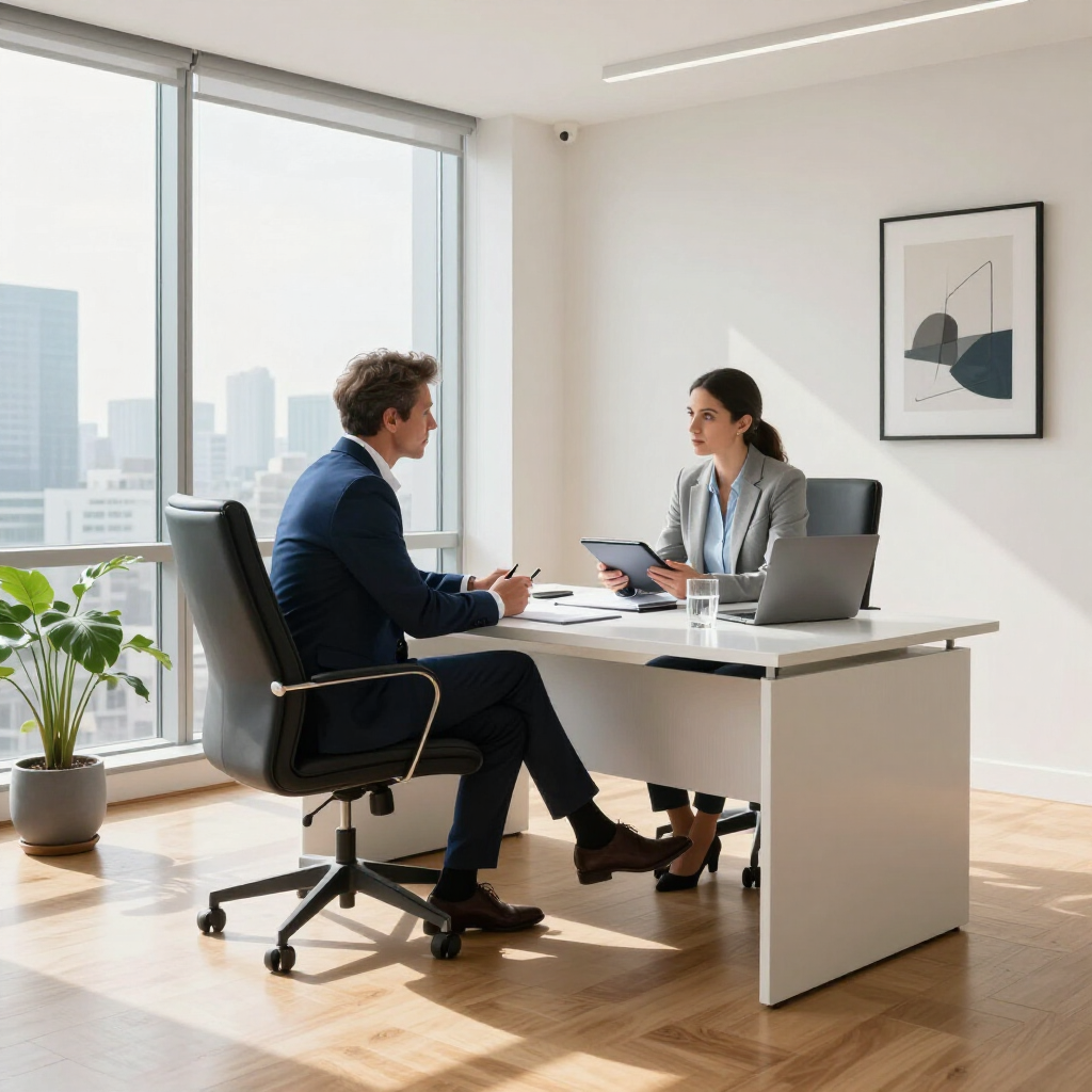 Twee professionals in zakelijke kleding zitten tegenover elkaar aan een bureau in een modern, zonnig kantoor met uitzicht over de stad.