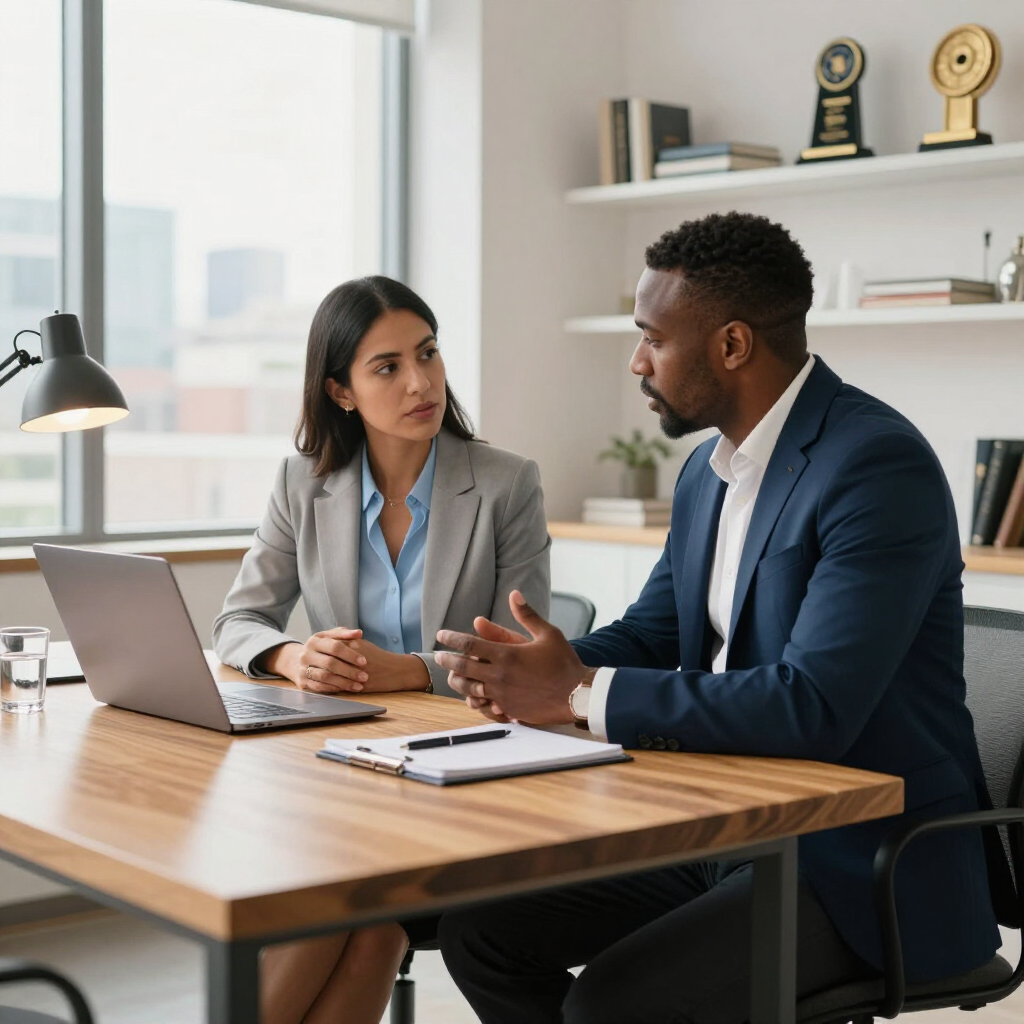 Twee professionals in zakelijke kleding bespreken hun werk aan een houten bureau met een laptop en een notitieboek.