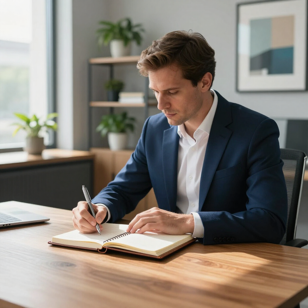 Een professional in een marineblauw pak zit aan een houten bureau en schrijft in een open notitieboekje in een licht kantoor.