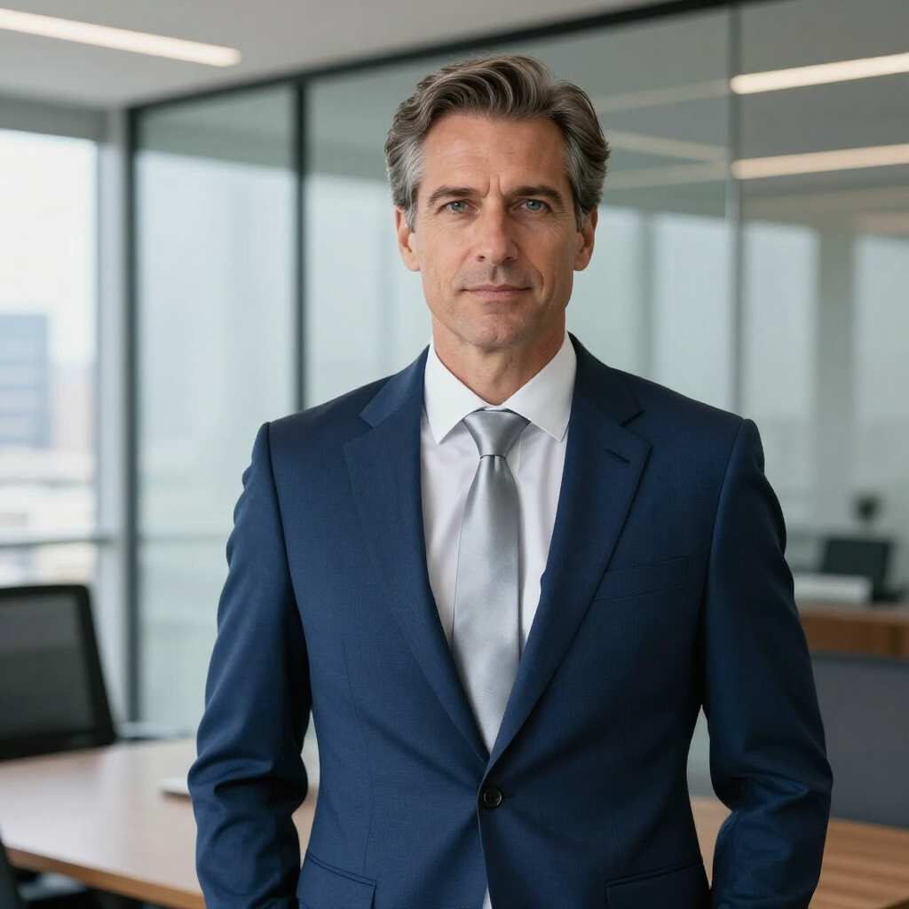 Een professional in een blauw pak en grijze stropdas staat in een modern kantoor met glazen wanden.