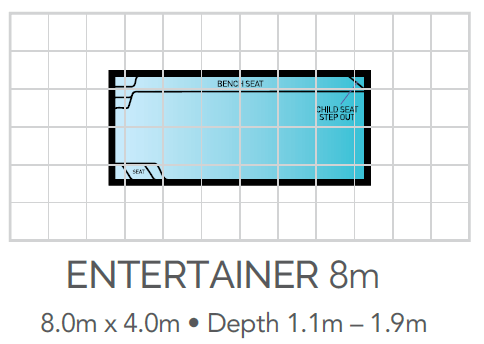 A Drawing Of A Swimming Pool With The Words Entertainer 8m On It — Fibreglass Pools in Newcastle, NSW