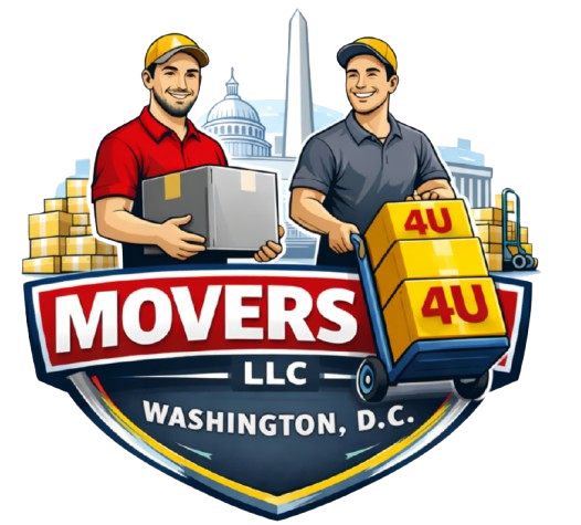 Logo for Movers 4U LLC: Red moving truck in front of green house silhouettes, text "Movers 4U LLC" below.
