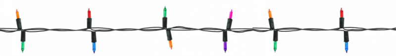 A row of small multicolored holiday string lights on a white background.