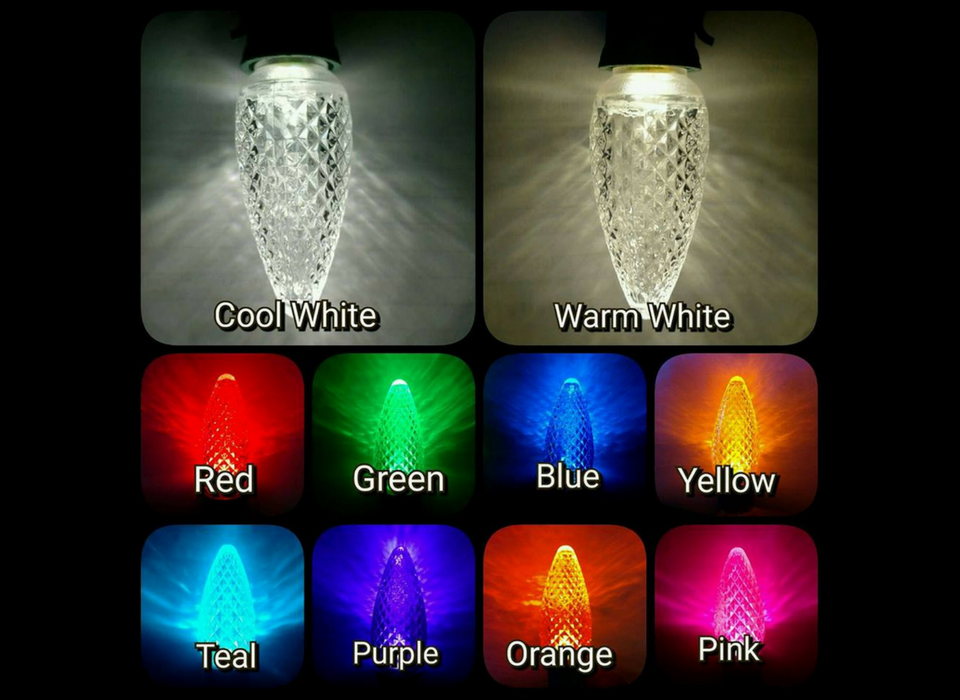 LED light bulb color options labeled cool white, warm white, red, green, blue, yellow, teal, purple, orange, pink
