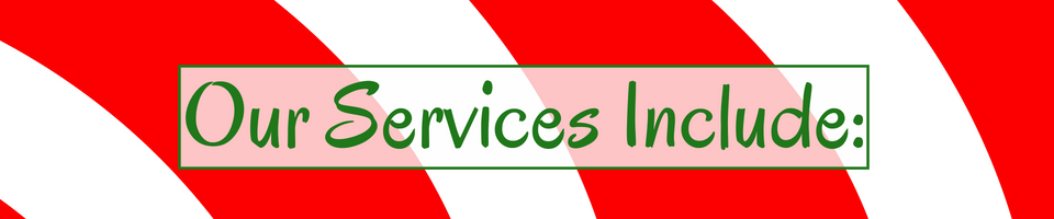 Green banner with the text “Our Services Include:” in red script on a white box.