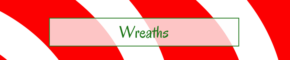 Text label “Wreaths” in a light pink box over a red-and-white patterned background