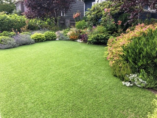 A vibrant green lawn surrounded by diverse shrubs, colorful perennials, and trees in a landscaped residential garden.