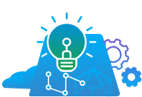 An icon of a light bulb and gears on a blue background.