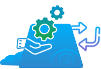 An icon of a light bulb and gears on a blue background.