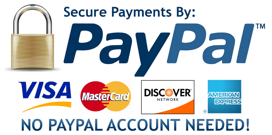 Secure payments by PayPal: padlock, PayPal logo, credit card logos (Visa, Mastercard, Discover, American Express).