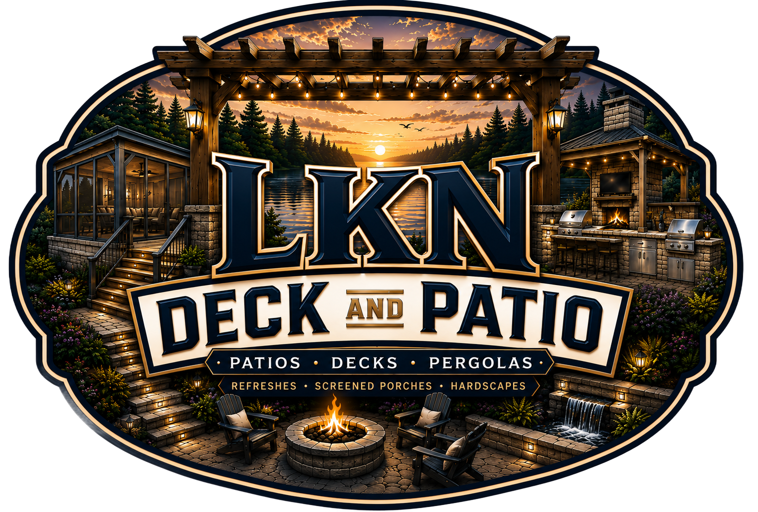 LKN Deck and Patio logo in gold and white over a rustic outdoor patio scene at sunset