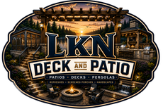 LKN Deck and Patio logo in gold and white over a rustic outdoor patio scene at sunset