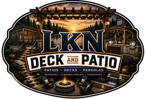 LKN Deck and Patio logo in gold and white over a rustic outdoor patio scene at sunset