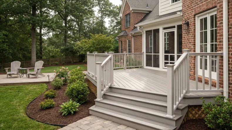 A grey wooden deck with stairs leads to a brick house with a screened porch and a landscaped lawn with patio chairs.