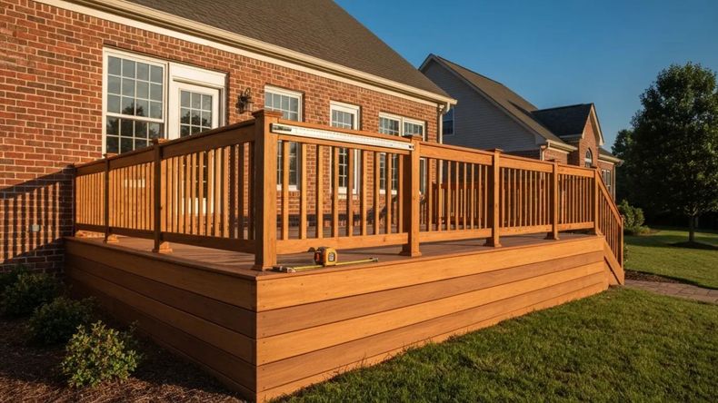 Wooden backyard deck with railing attached to a brick house on a sunny day