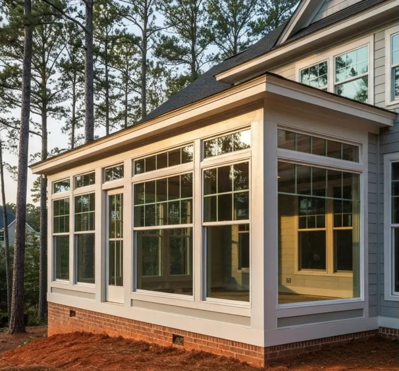 Screened porch with large windows and white trim on a brick foundation beside tall pine trees