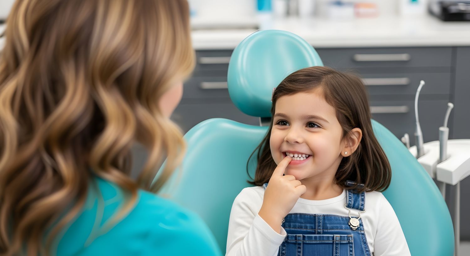 A person in a dental office speaks to a smiling child seated in a teal examination chair.