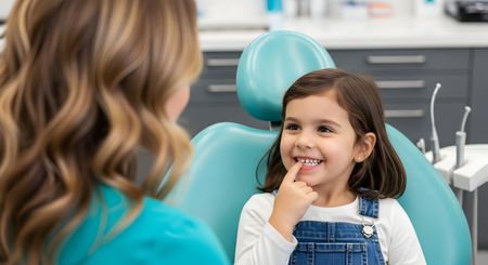 A person in a dental office speaks to a smiling child seated in a teal examination chair.