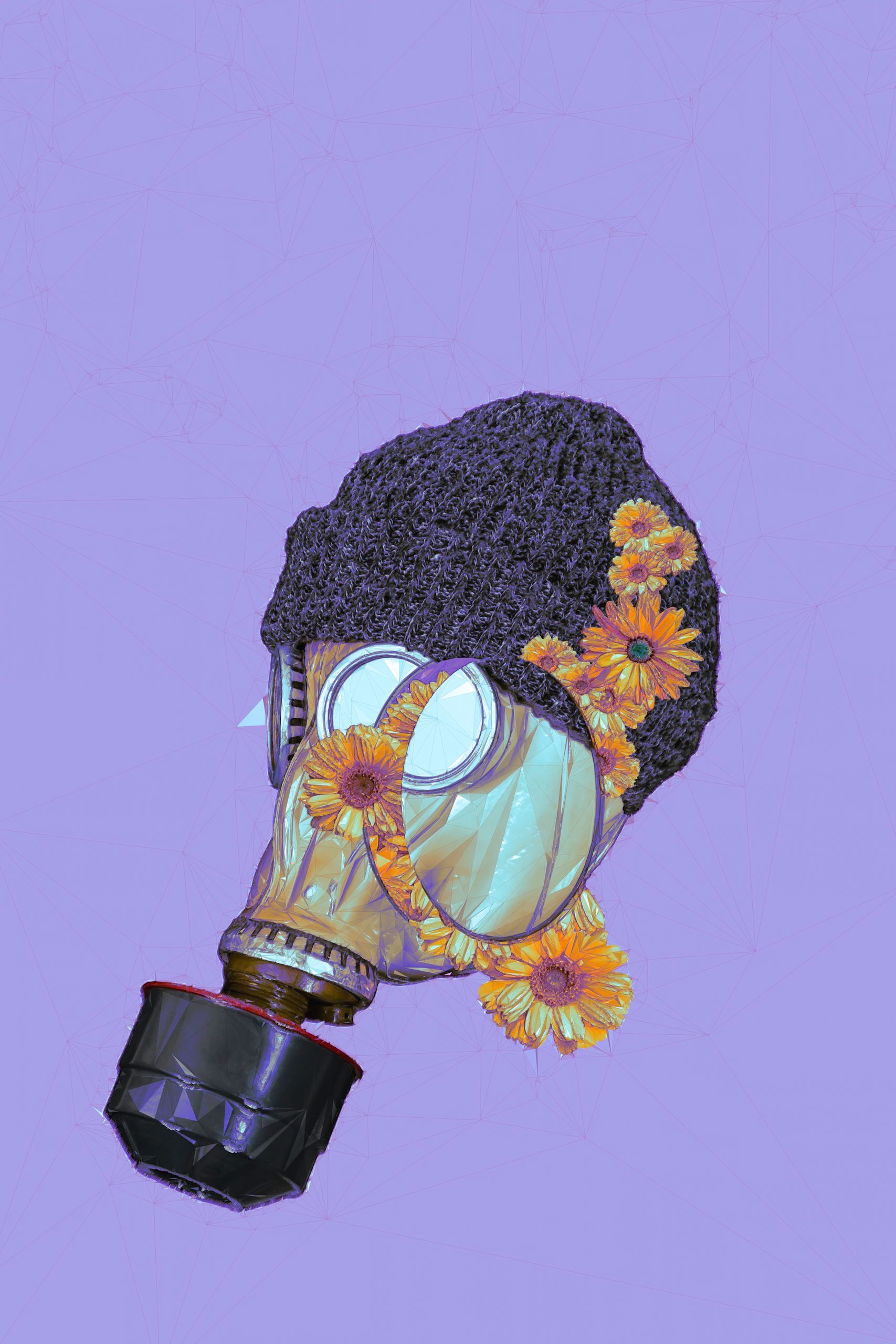 Gas mask decorated with flowers against a purple background.