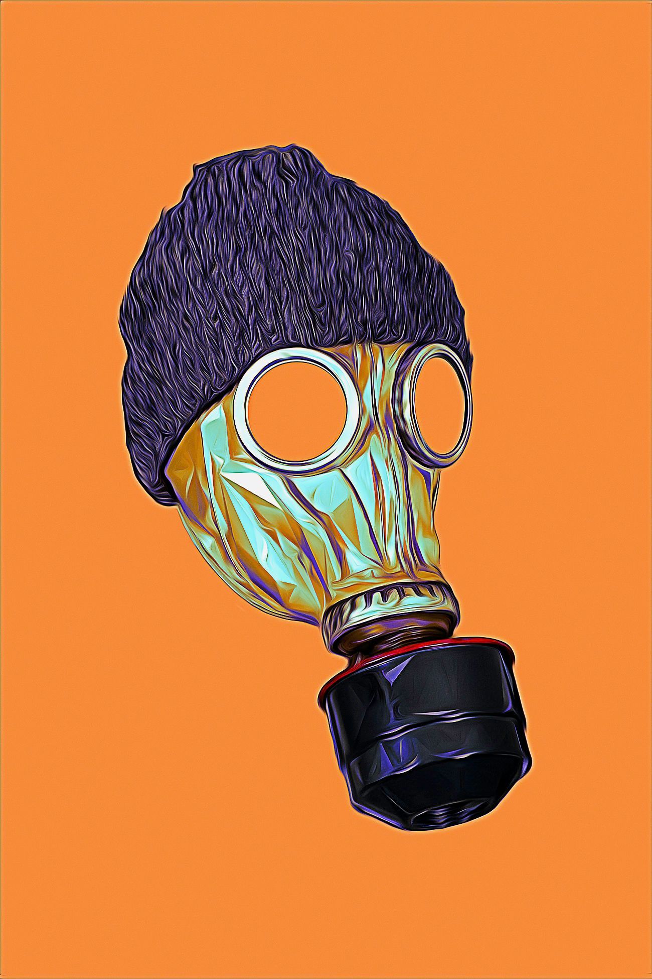Gas mask with goggles and a black beanie, set against an orange background.