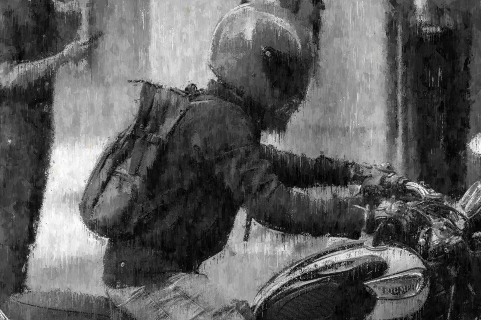 Person in helmet on a motorcycle with a backpack.