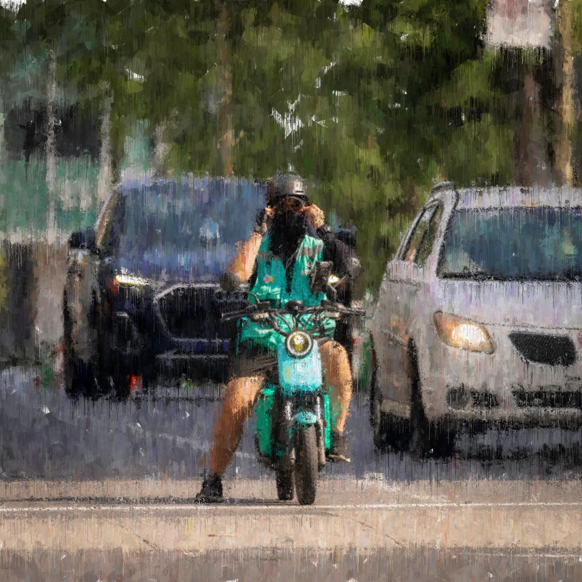 Person on a teal scooter adjusts their face mask on a street, with cars and trees in the background.
