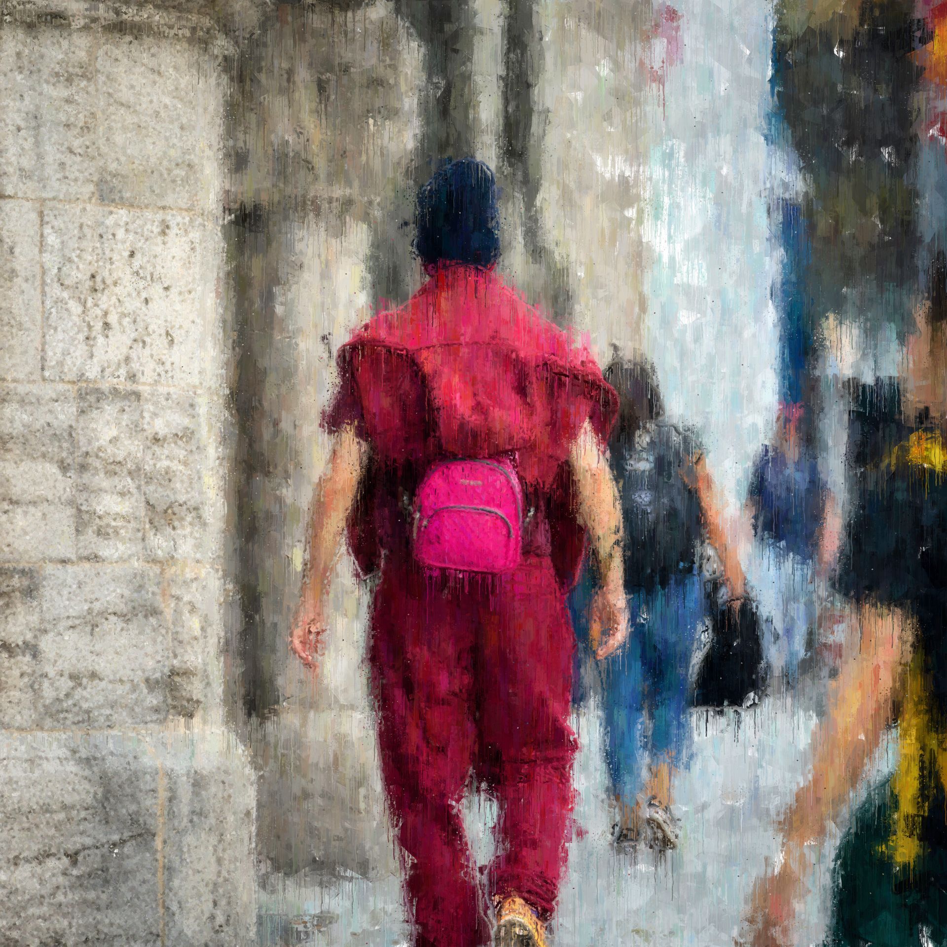 Person in red outfit and black hat walks down a sidewalk, wearing a pink backpack. Other people are nearby.