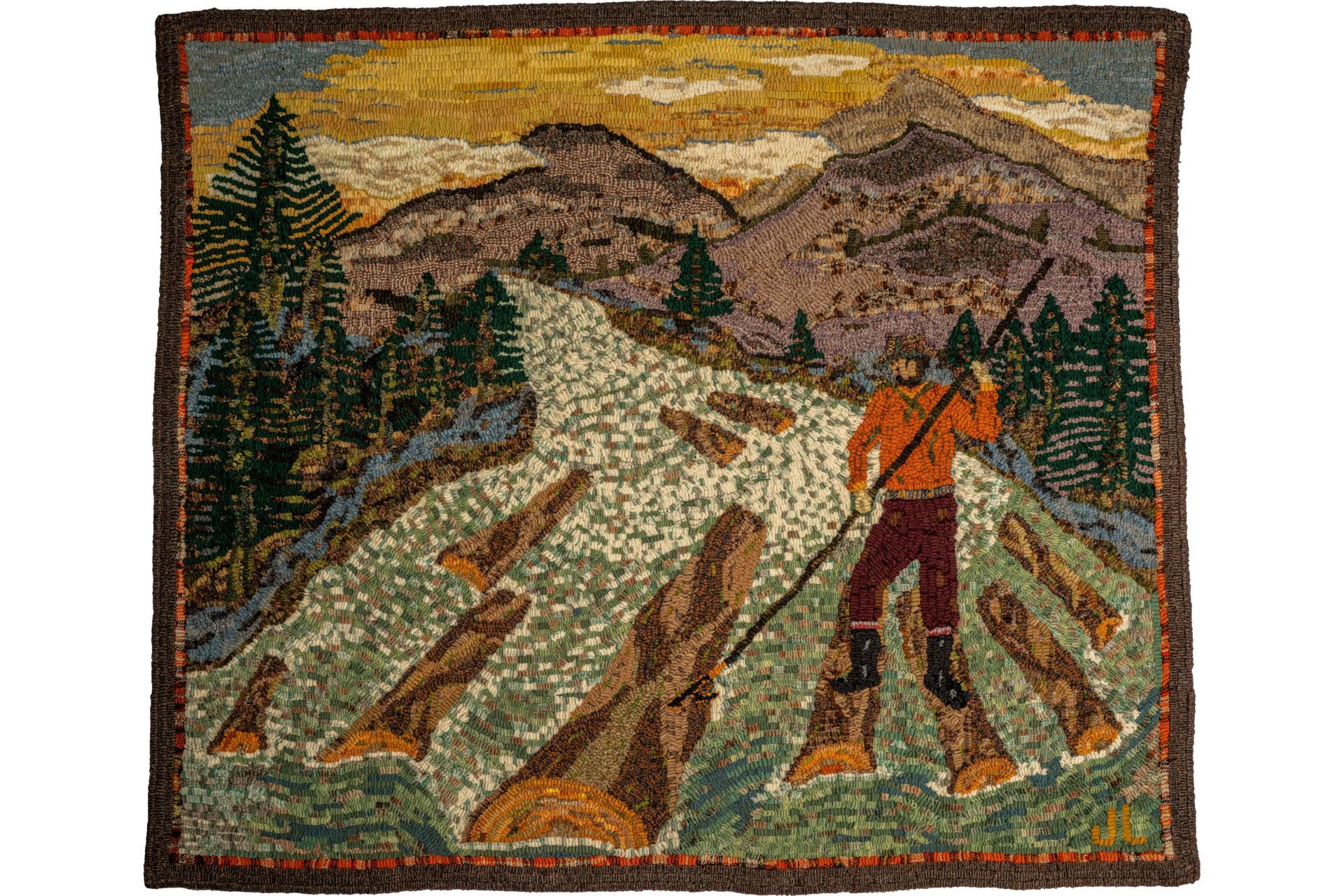 Rug depicting a logger guiding logs down a river towards mountains at sunset.