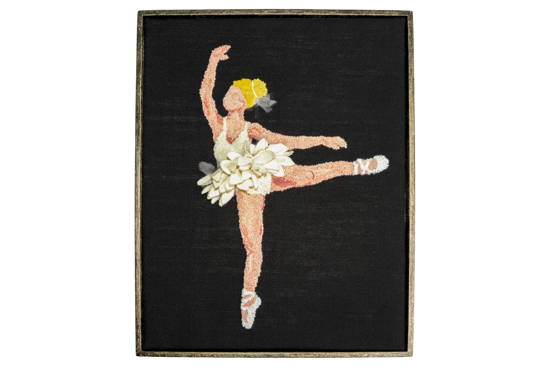 A ballerina in a white tutu, yellow hair, and pink shoes, on a black background, framed.