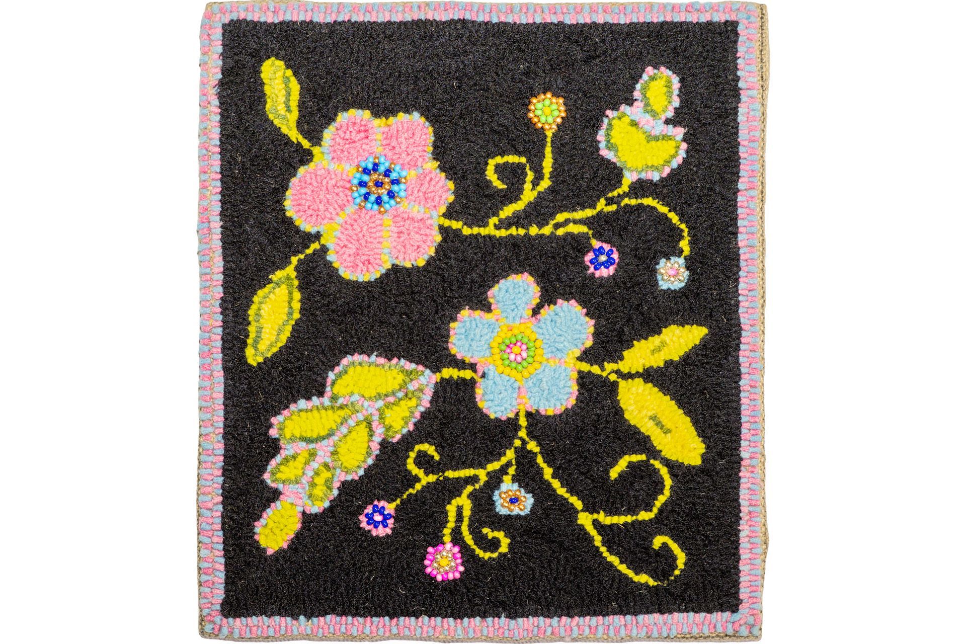 Beaded floral design on black background, pink and yellow accents, pink border.