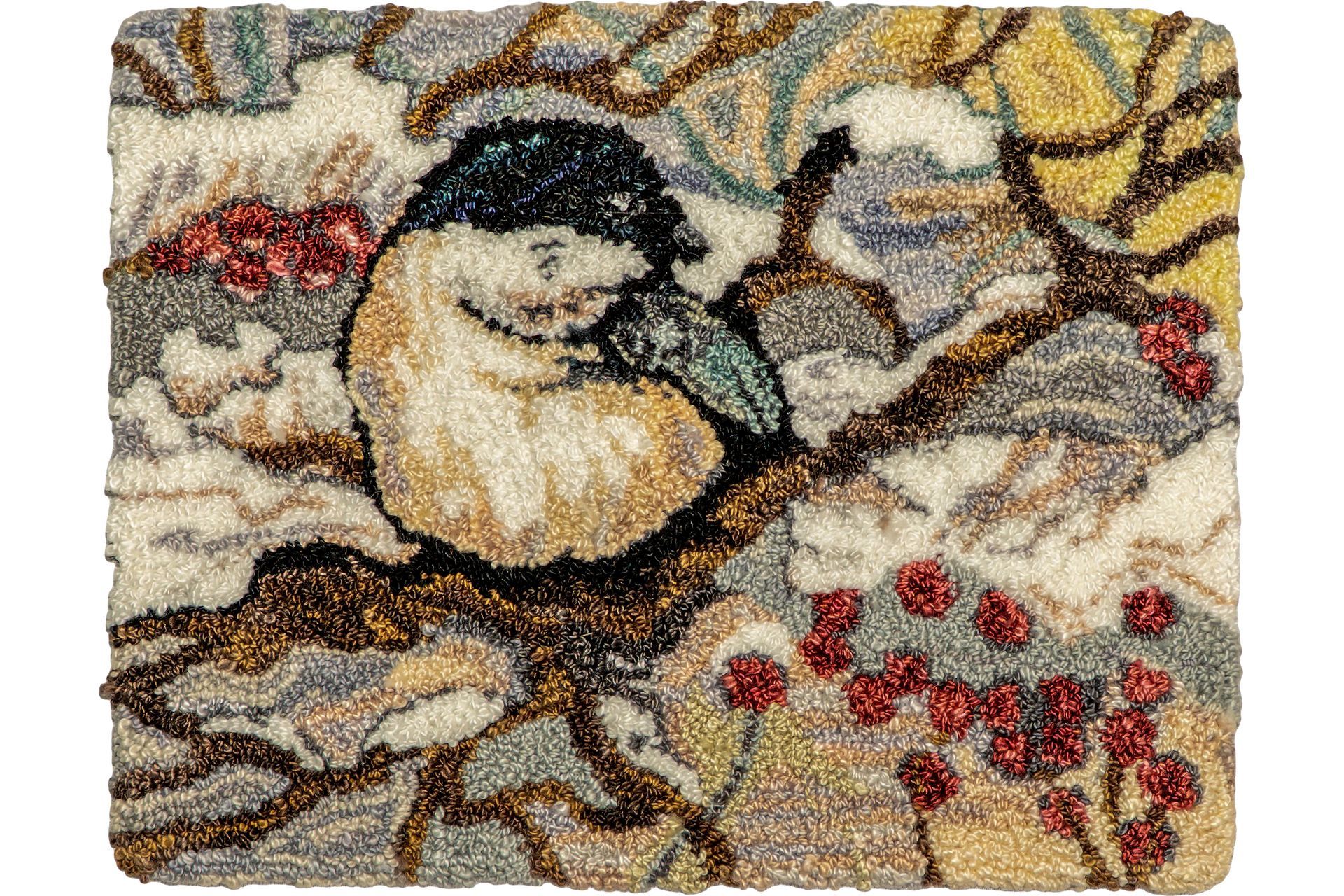 Bird on branch, beaded art, neutral tones, with red berries in winter scene.