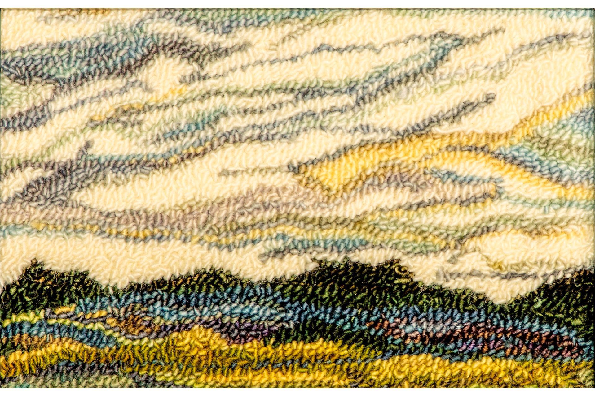 Textured landscape with a cloudy sky above a dark treeline, rendered in yellows, blues, and greens.