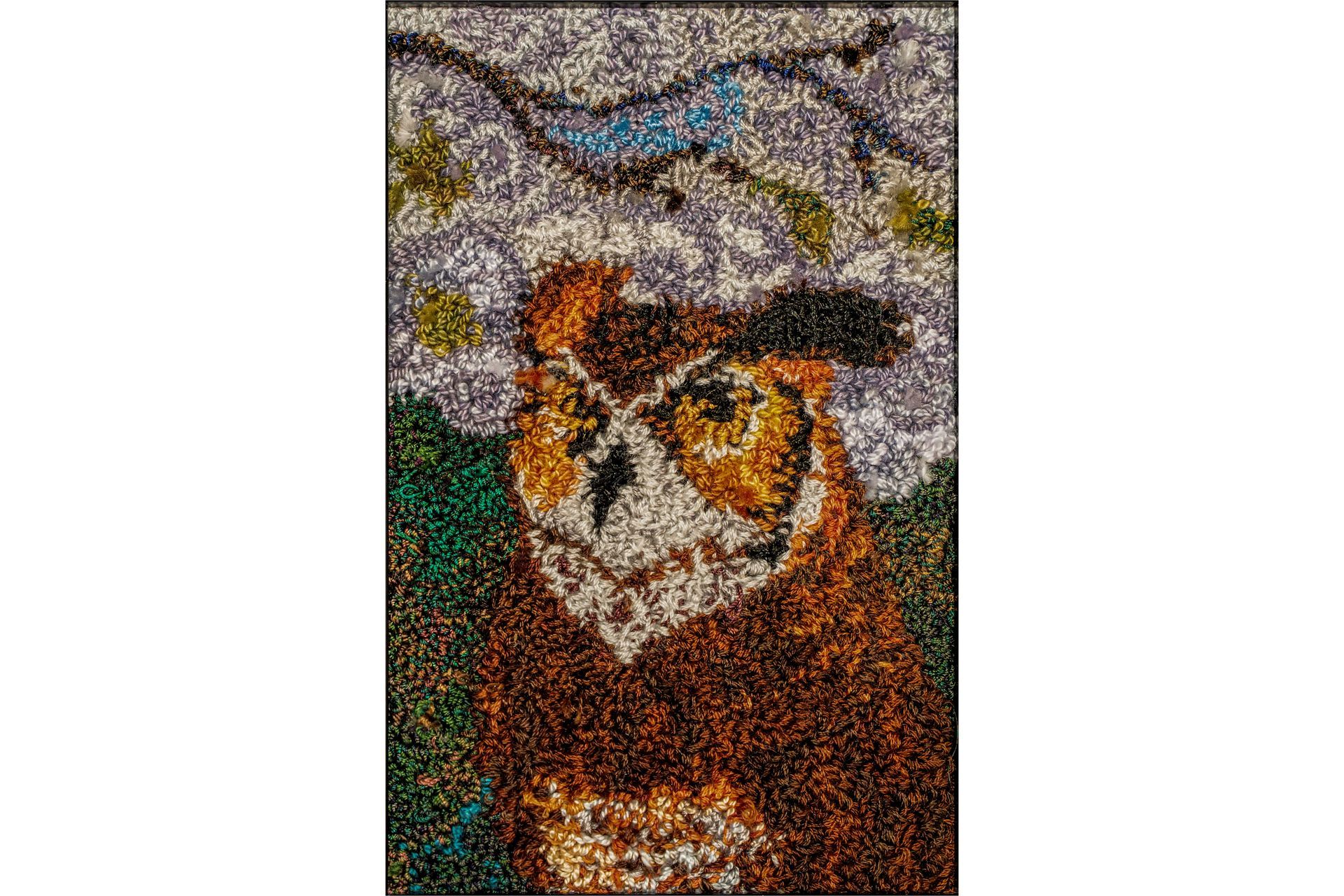 Tufted owl portrait, brown and white, against a floral and blue backdrop.