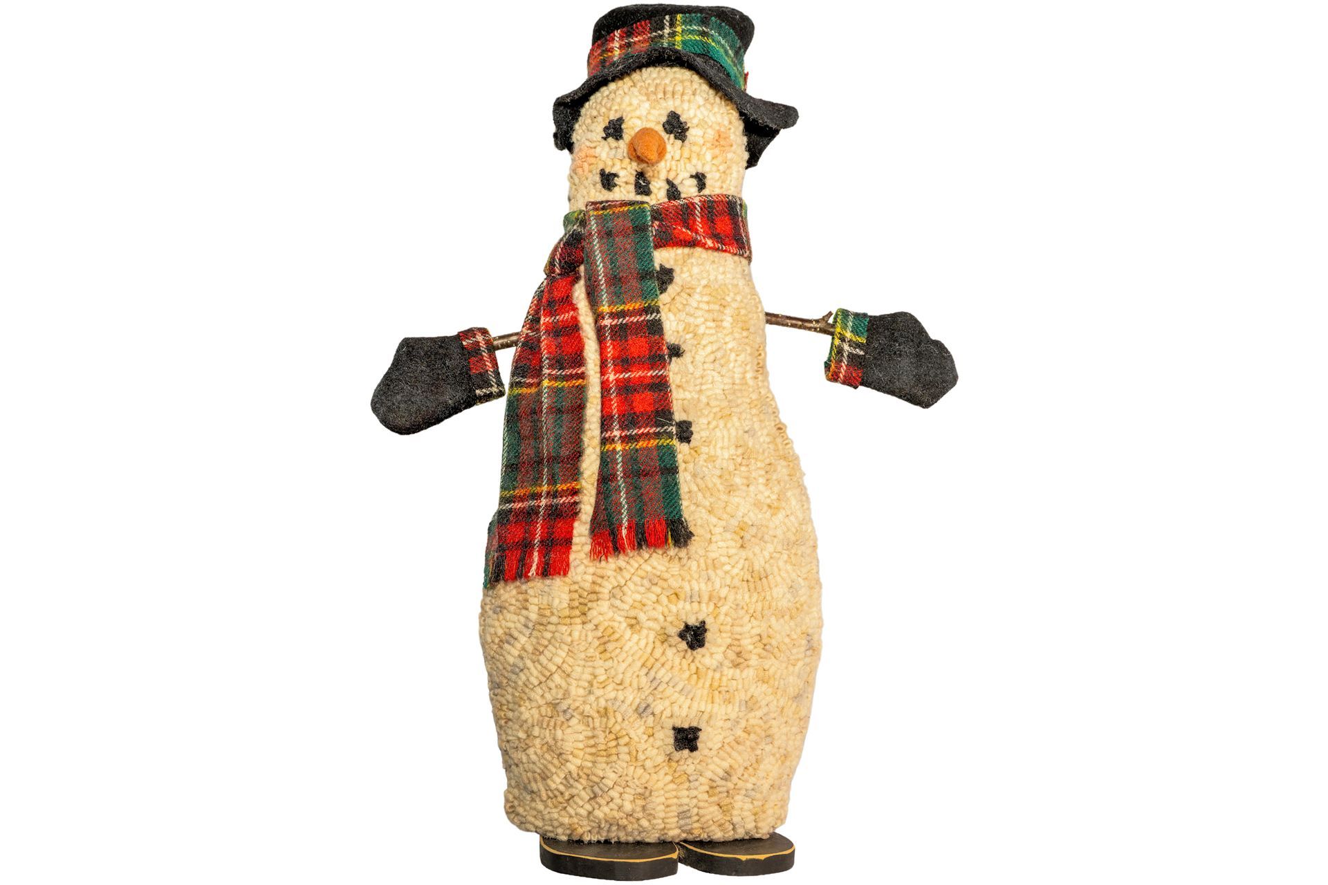 Straw snowman decoration wearing plaid scarf, hat, and mittens.