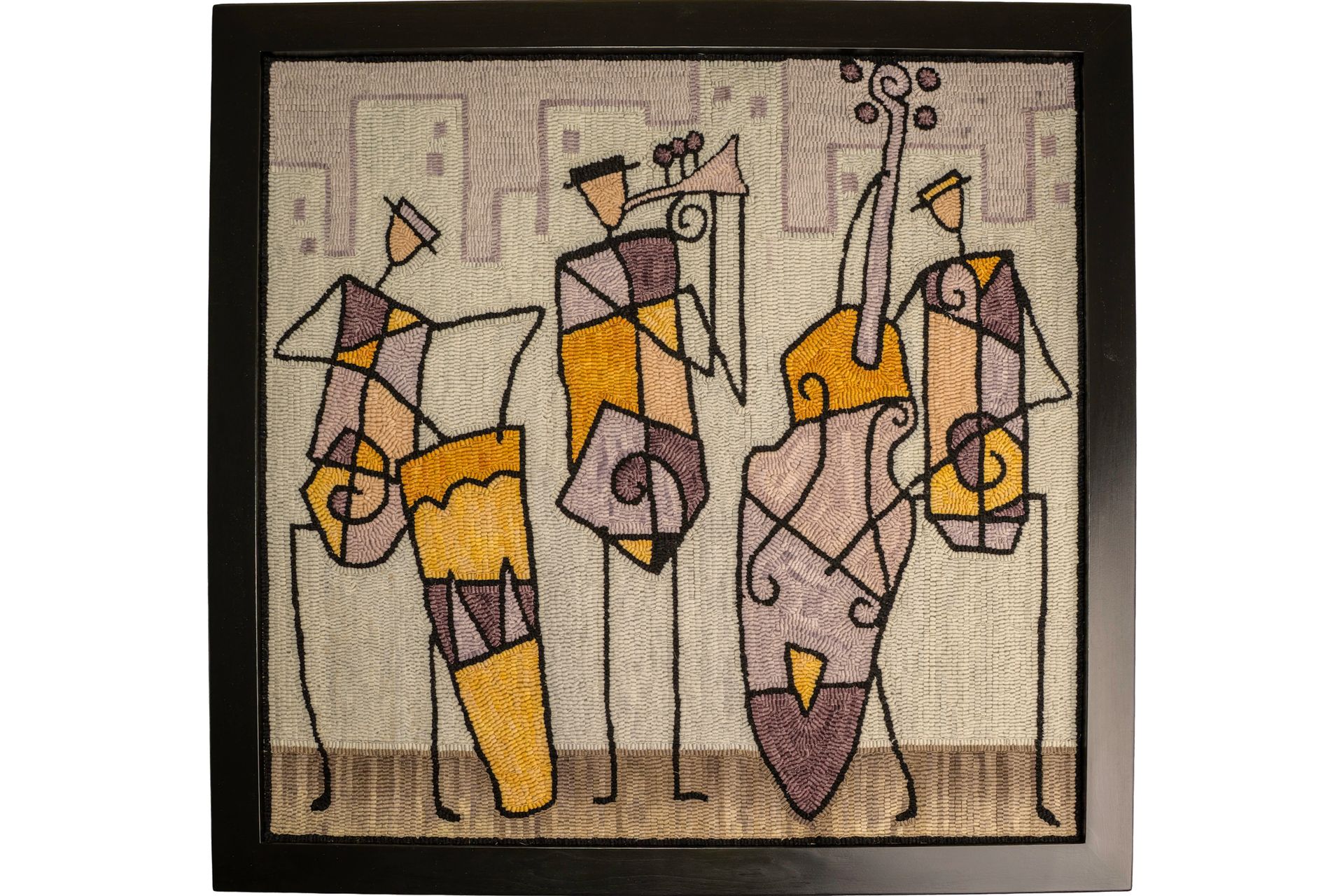 Abstract art of a jazz band playing instruments. Silhouettes with yellow, purple, and black shapes.