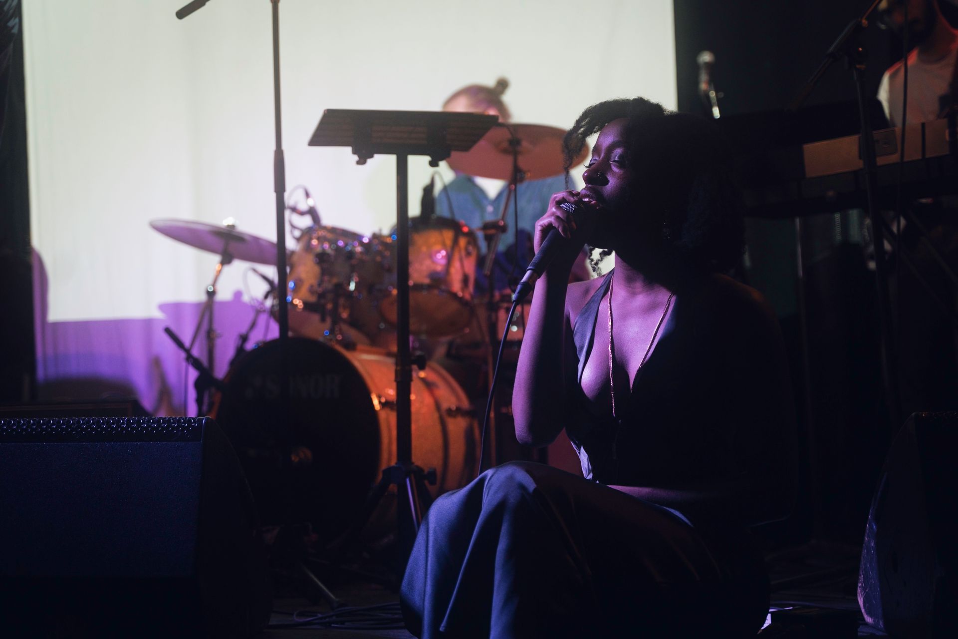 A singer performs on stage with a band, illuminated by stage lights.