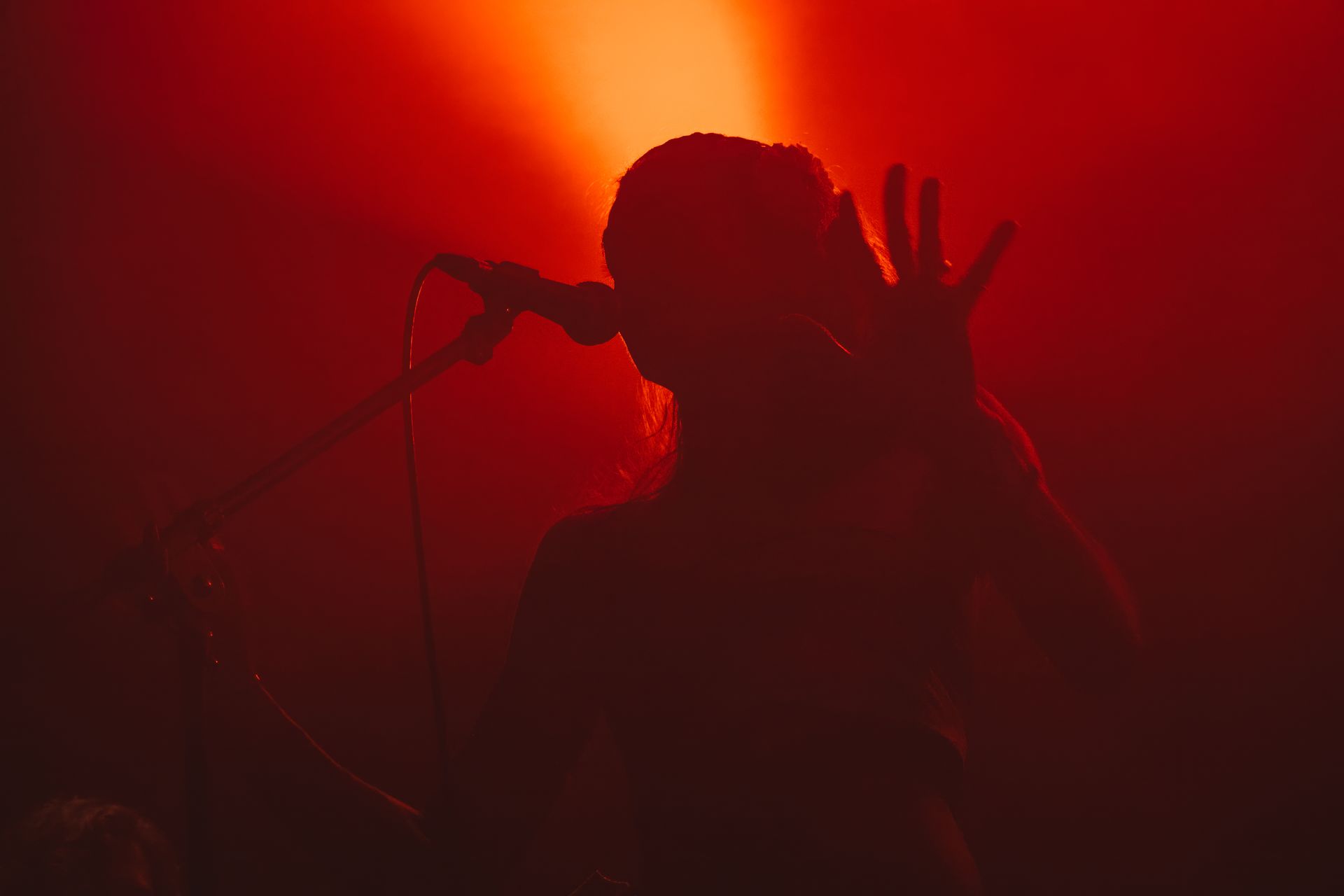 Silhouette of a person with a microphone, illuminated by red light, making a hand gesture.