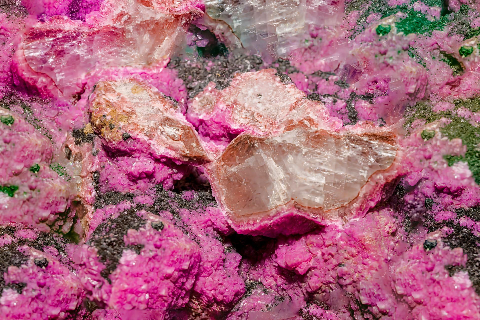 Close-up of vibrant pink crystals with white and green mineral inclusions.
