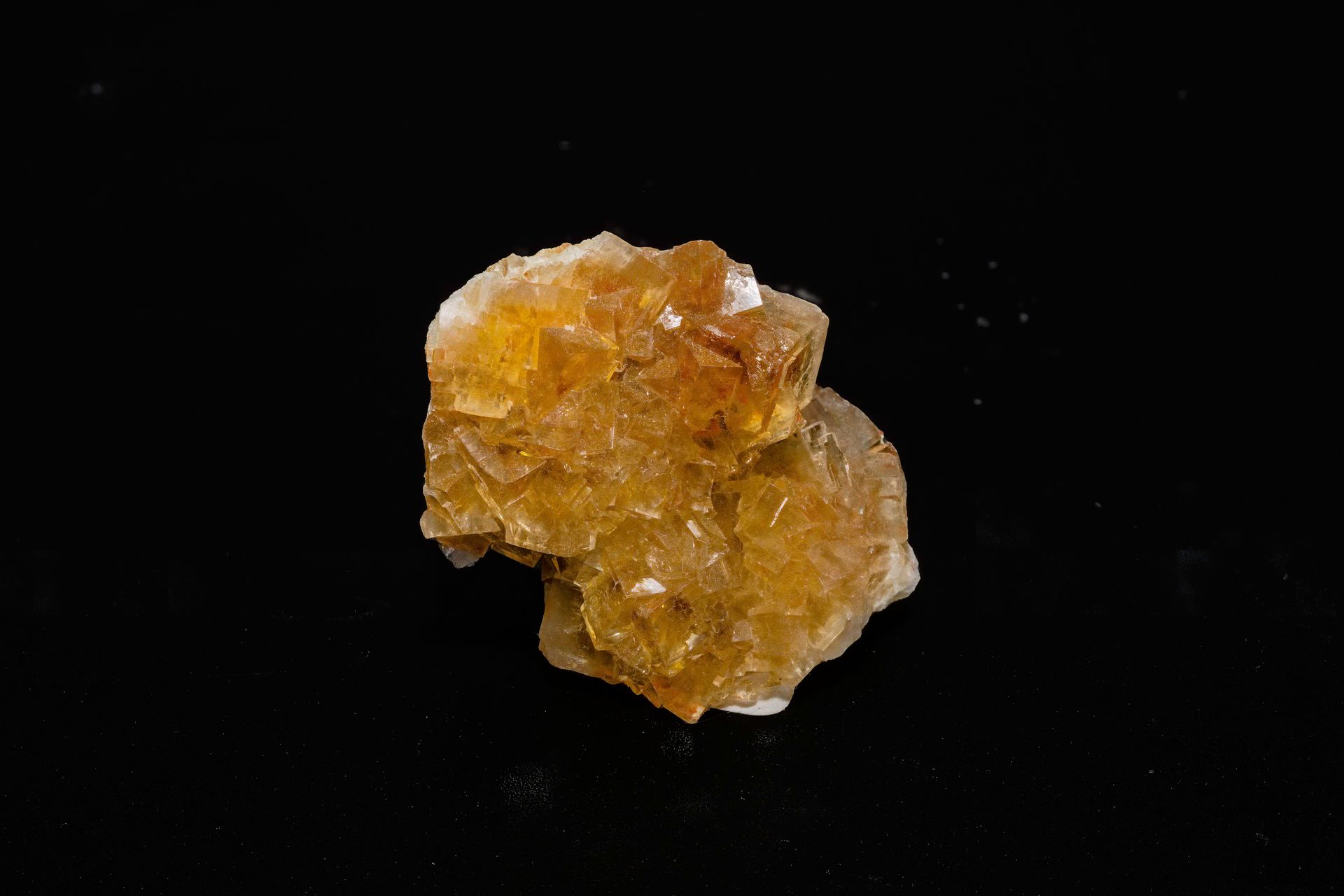Yellow-orange mineral formation on a black background; crystal-like structure, with a rough texture.